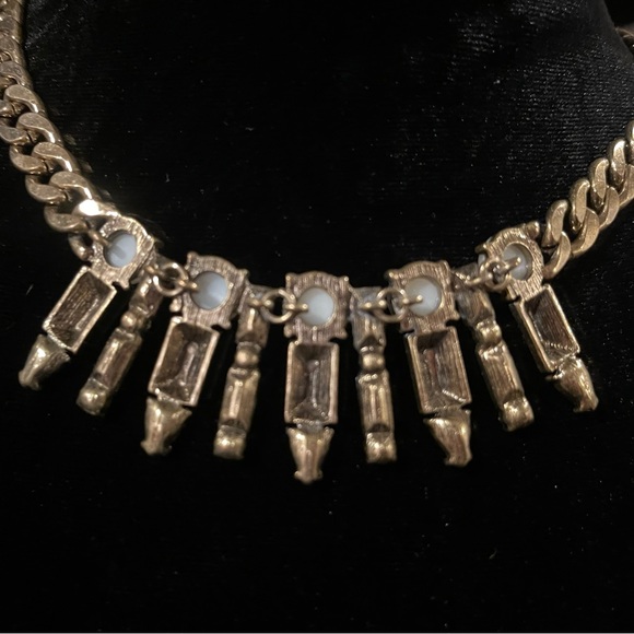 Stunning Brutalist Fringe Necklace Faux Pearls & Crystals 18+ Inches - Picture 3 of 6